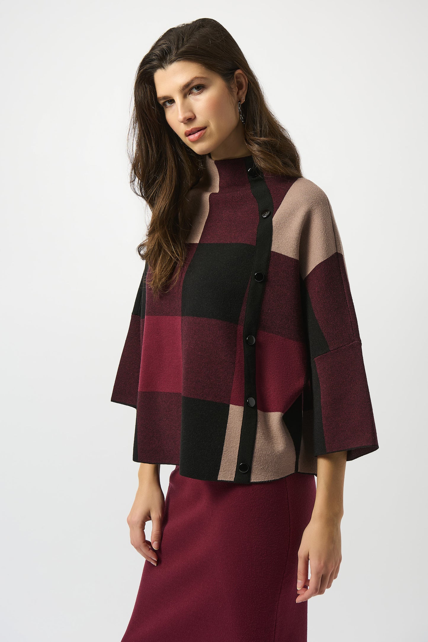 Suéter de punto con estampado de tartan rojo merlot y negro 243948F25