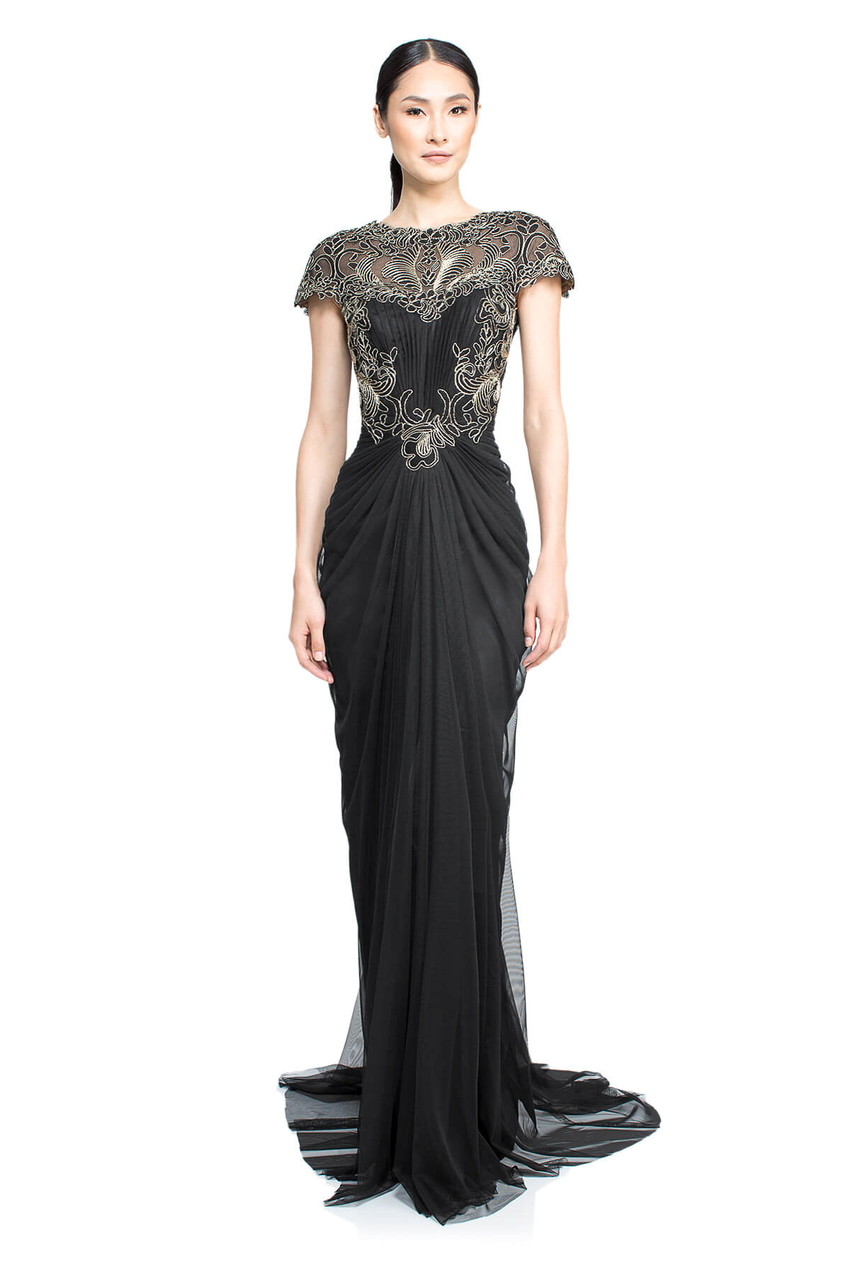 Vestido drapeado negro con diseño dorado ALX1125L DIBRA