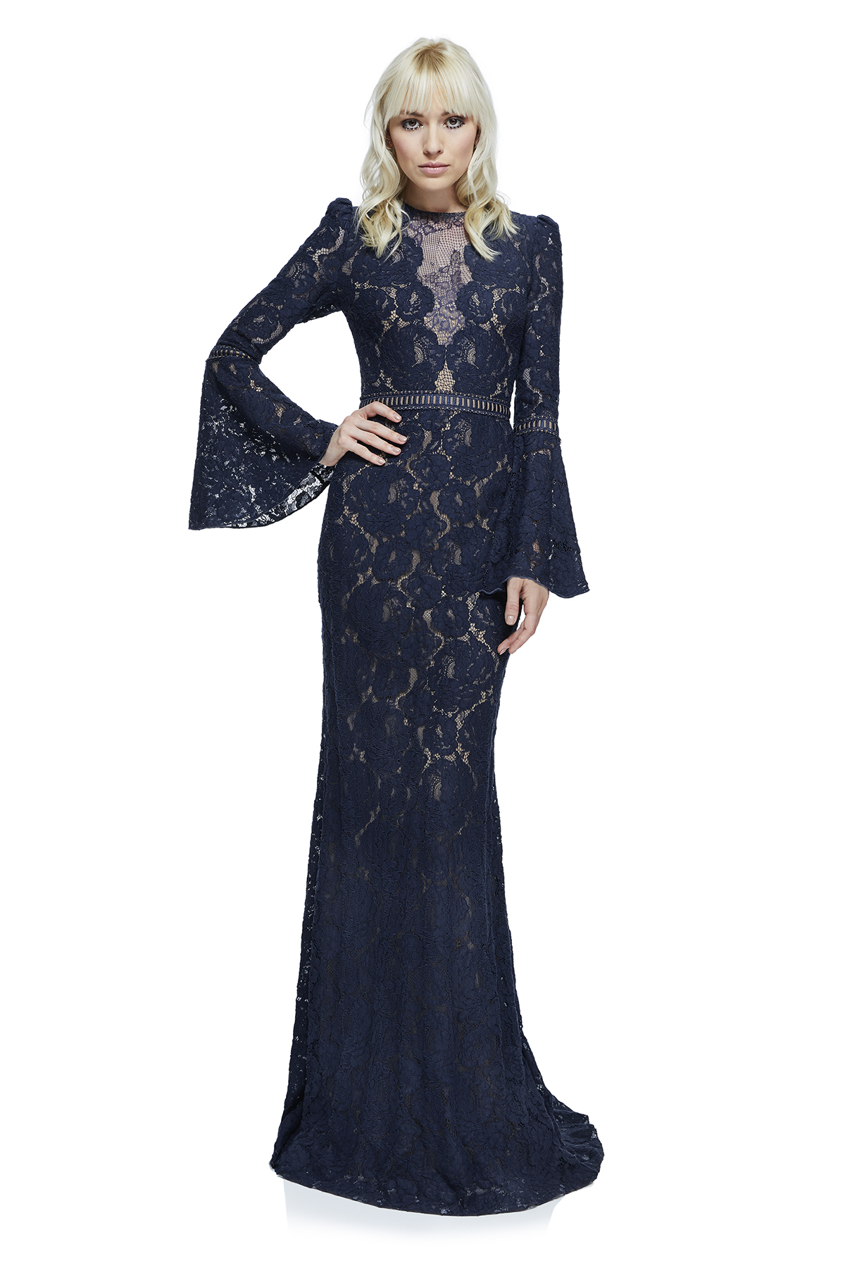 Vestido de encaje marino con manga de campana AYV17735L DIBRA