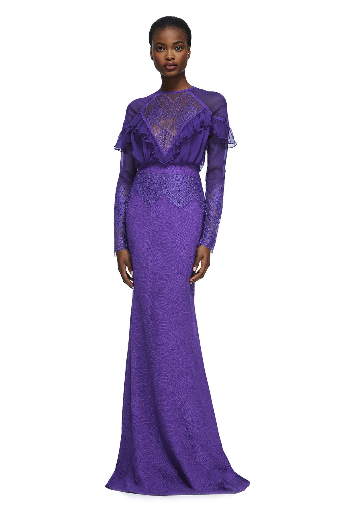 Vestido manga larga de gasa y encaje violeta 17687 Tadashi Shoji