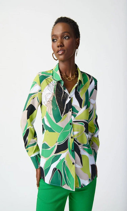 Blusa estampado tropical de manga larga y pedrería 241153 Joseph Ribkoff