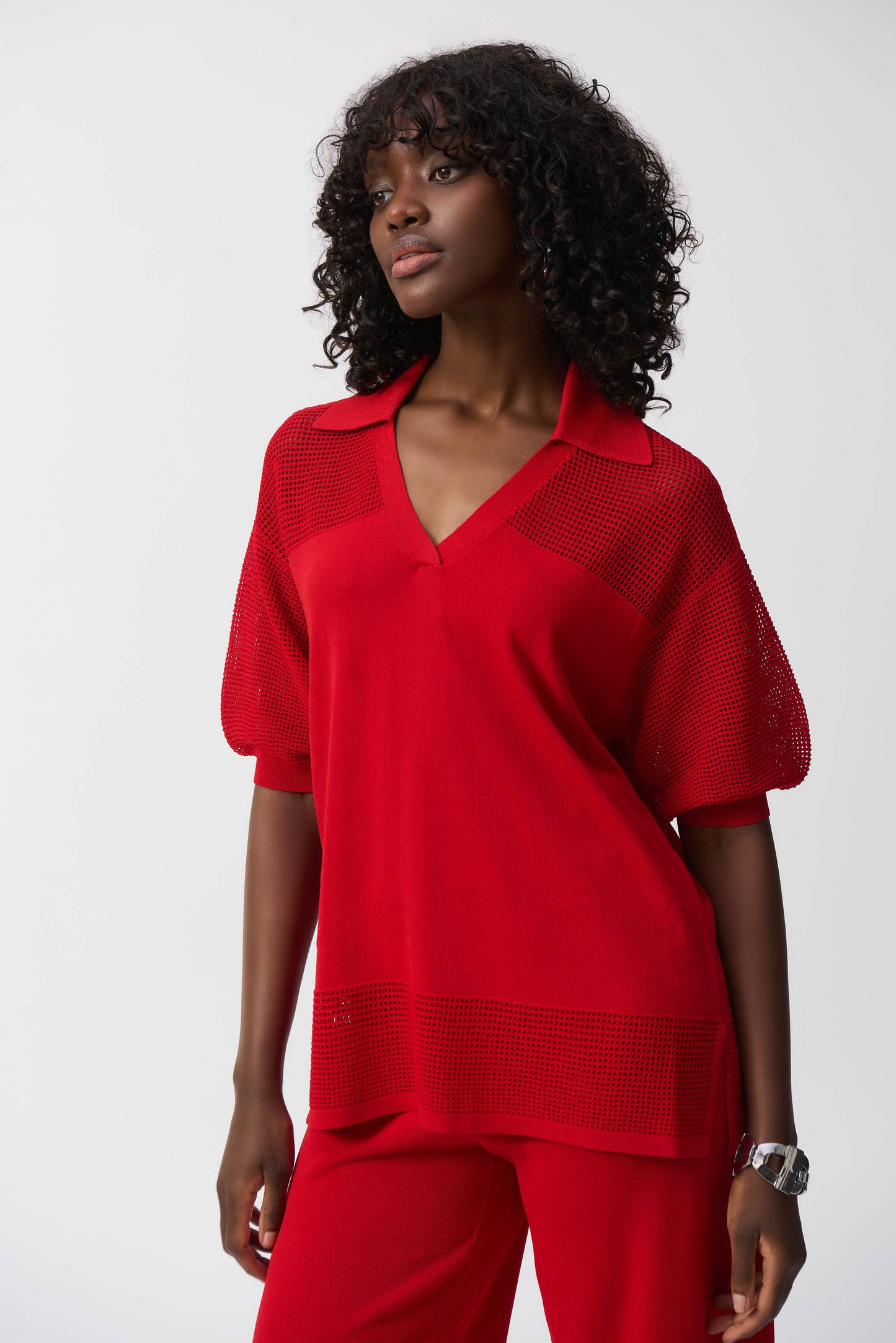 Jersey de punto con detalle de pointelle rojo radiante 251925