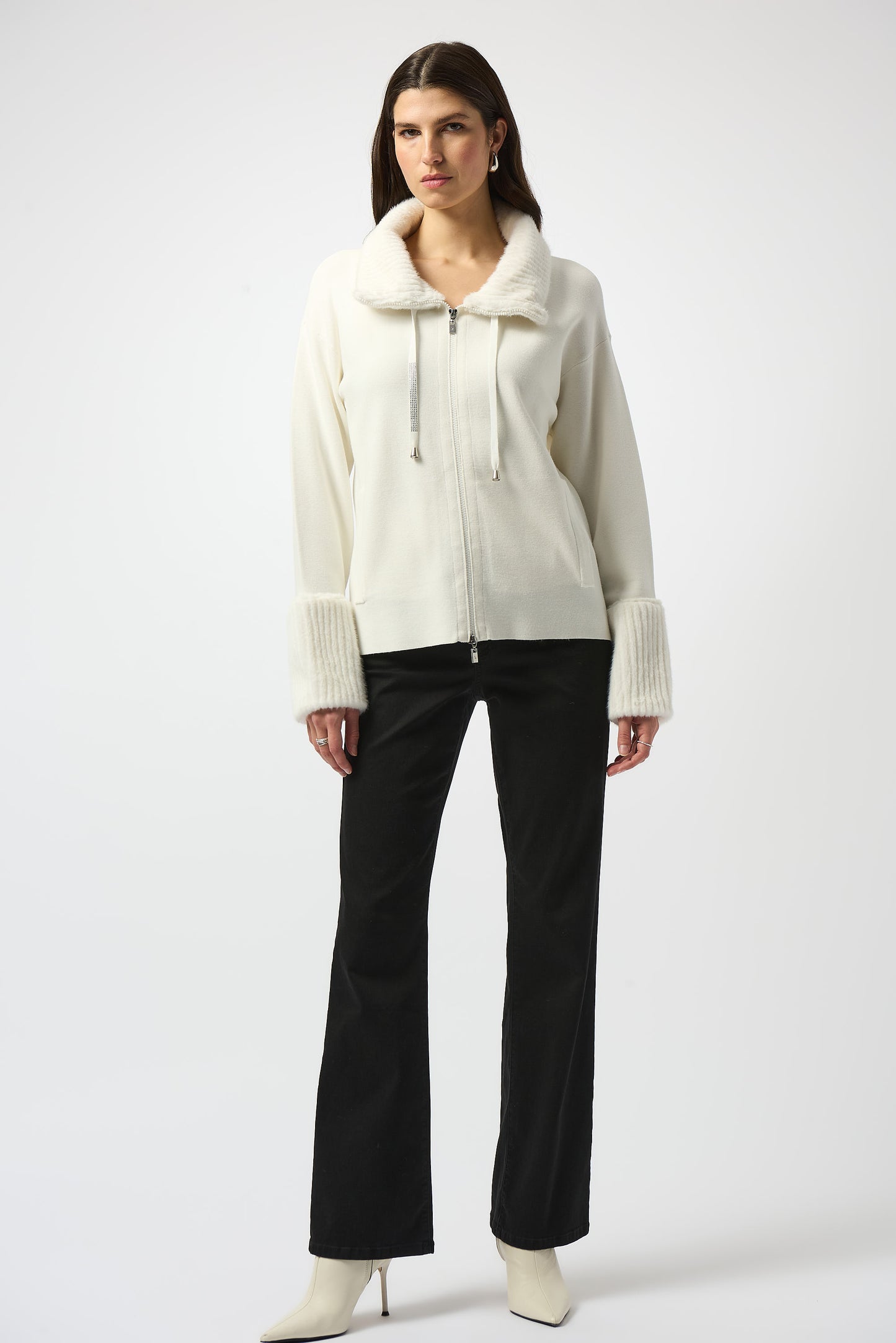 Chaqueta de punto de jersey con ribete de peluche blanco invierno 253905