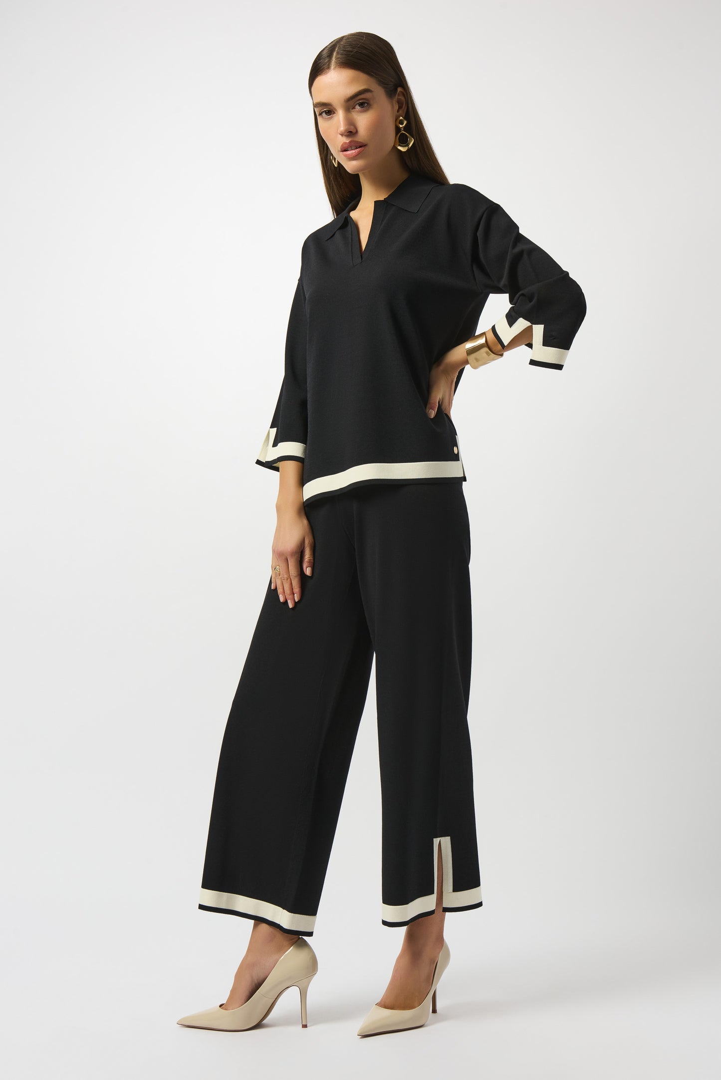Pantalón culotte de punto con bloques de color negro y vainilla 253910