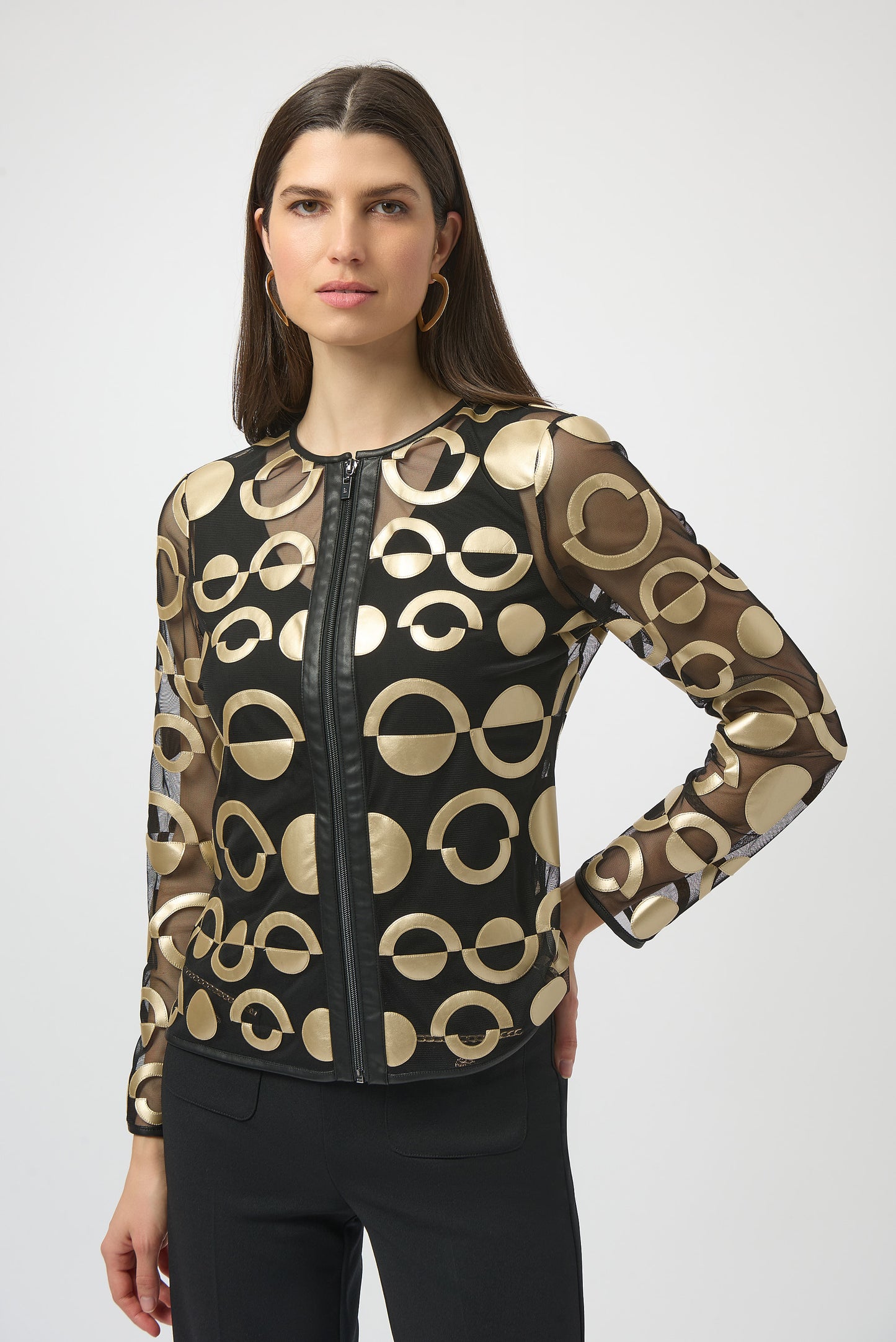 Chaqueta sin cuello de malla y polipiel dorado y negro 254923
