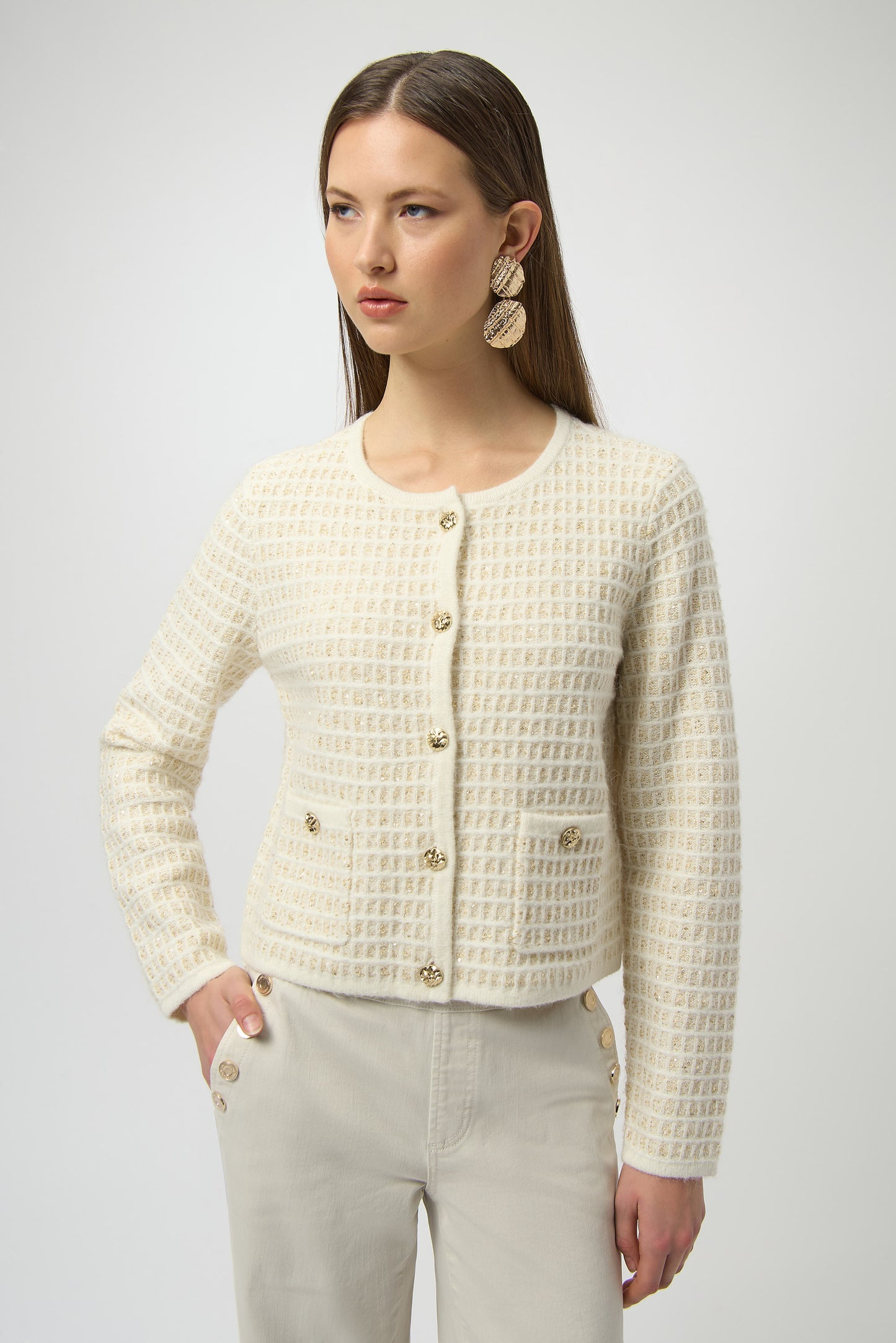 Cárdigan de punto con brillo y botones dorados blanco y oro 254938