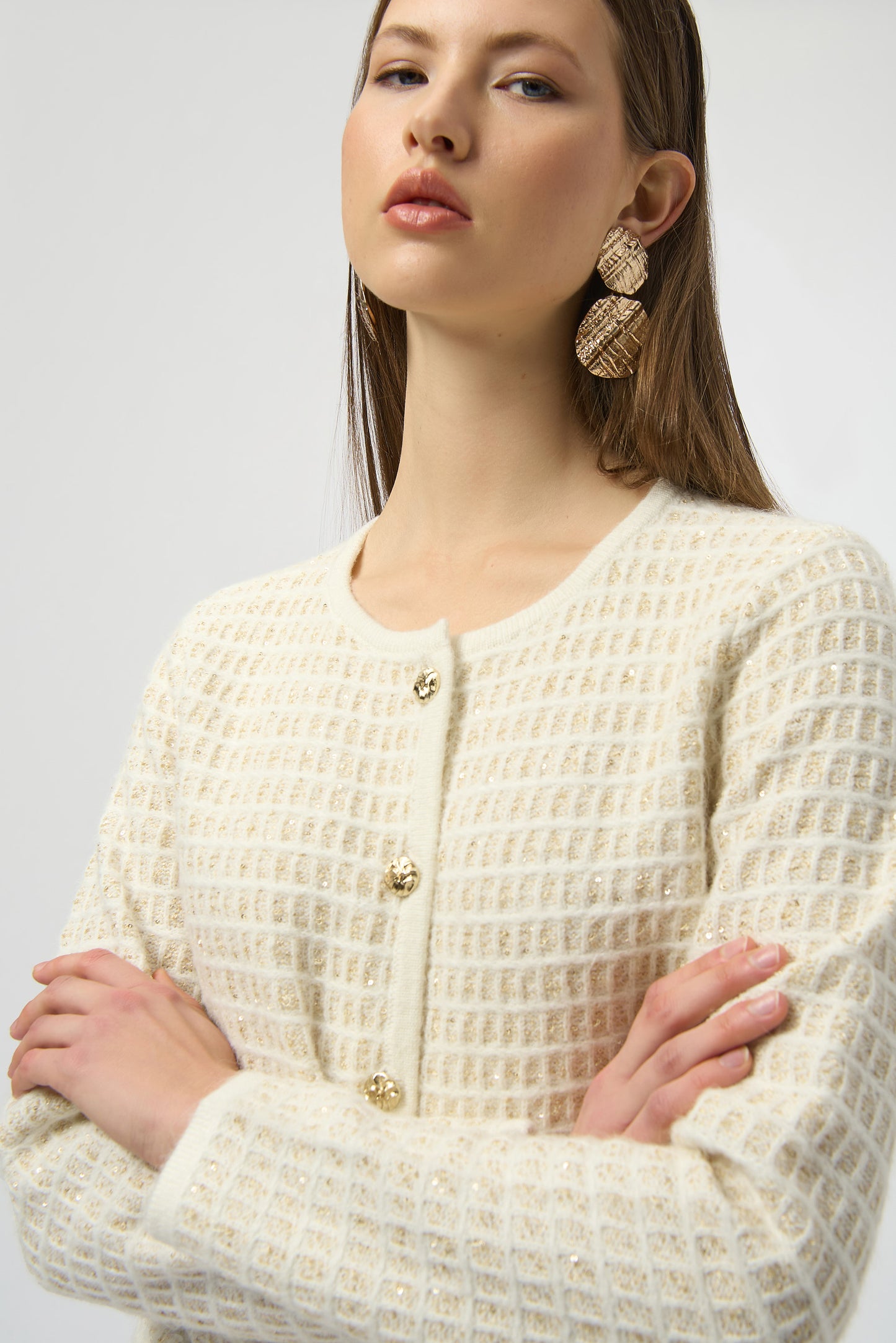 Cárdigan de punto con brillo y botones dorados blanco y oro 254938