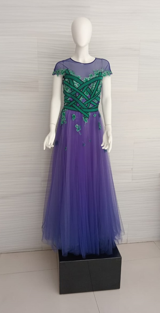 Vestido de tu violeta con flores verdes bordadas ATH16196L