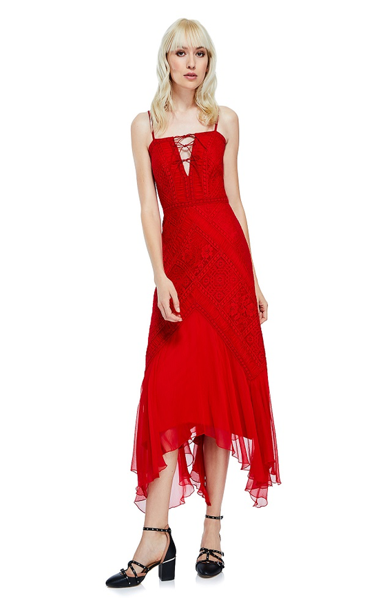 Vestido rojo de encaje floral corto AVS17020MD