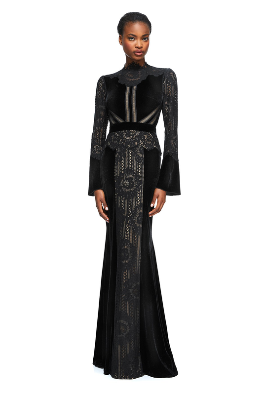 Vestido negro de terciopelo y inserciones de encaje AZE17673L DIBRA
