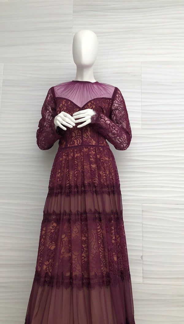 Vestido de encaje ciruela con fondo nude BFY18619LX