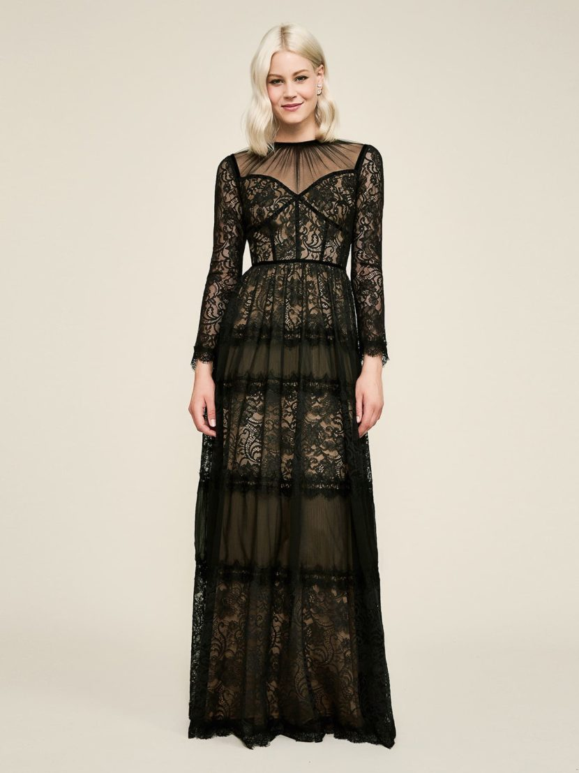 Vestido negro de encaje con manga larga BFY18619LX DIBRA
