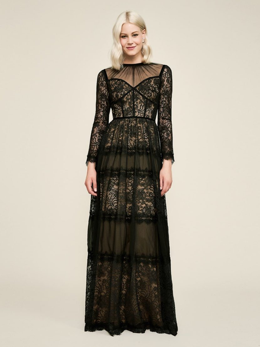 Vestido negro de encaje con manga larga BFY18619LX DIBRA