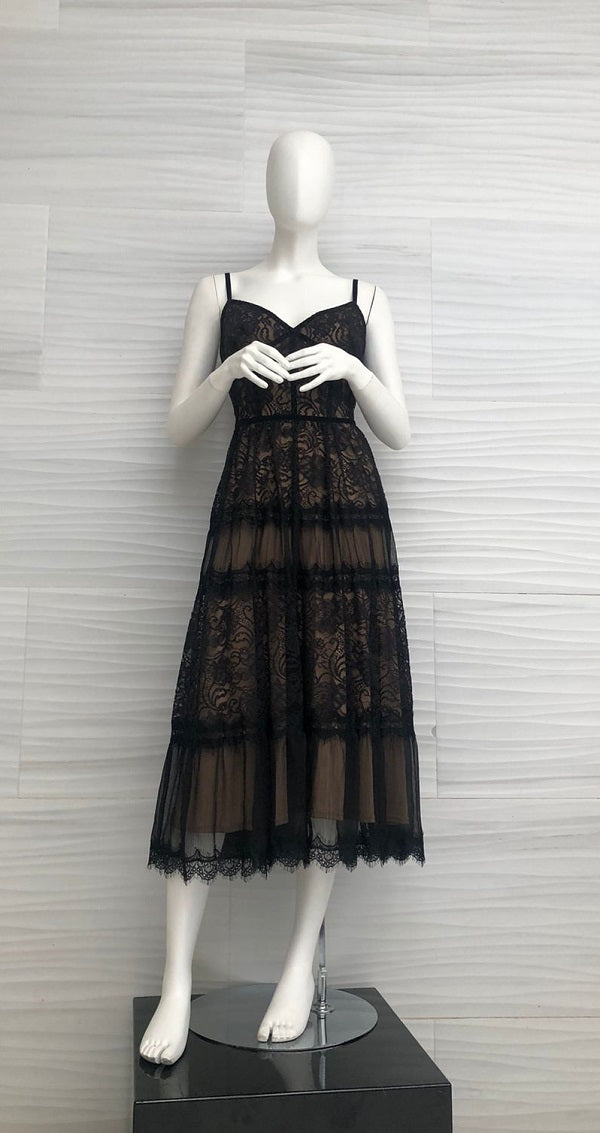 Vestido de encaje negro fondo nude largo al tobillo BFY18619MDX DIBRA