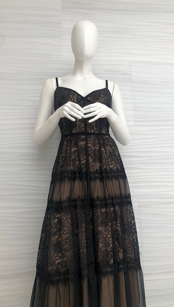 Vestido de encaje negro fondo nude largo al tobillo BFY18619MDX DIBRA