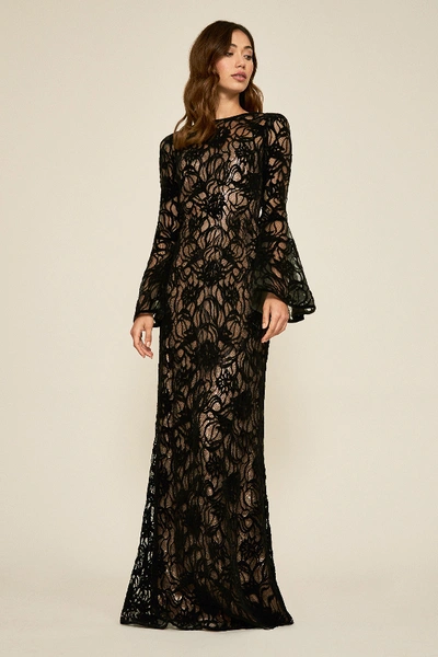 Vestido negro encaje con terciopelo y fondo dorado BFZ18057L DIBRA