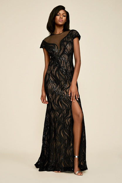 Vestido negro de lentejuelas con abertura BGW18689L