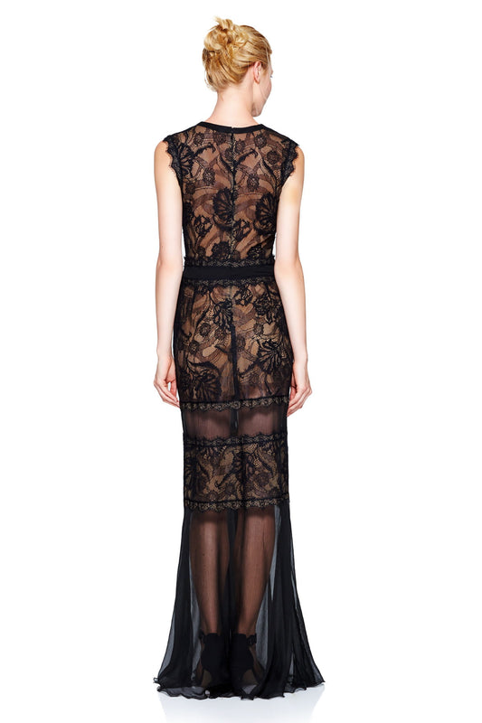 Vestido negro fondo nude con encaje 17175L Tadashi Shoji