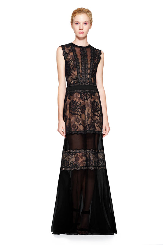 Vestido negro fondo nude con encaje 17175L Tadashi Shoji